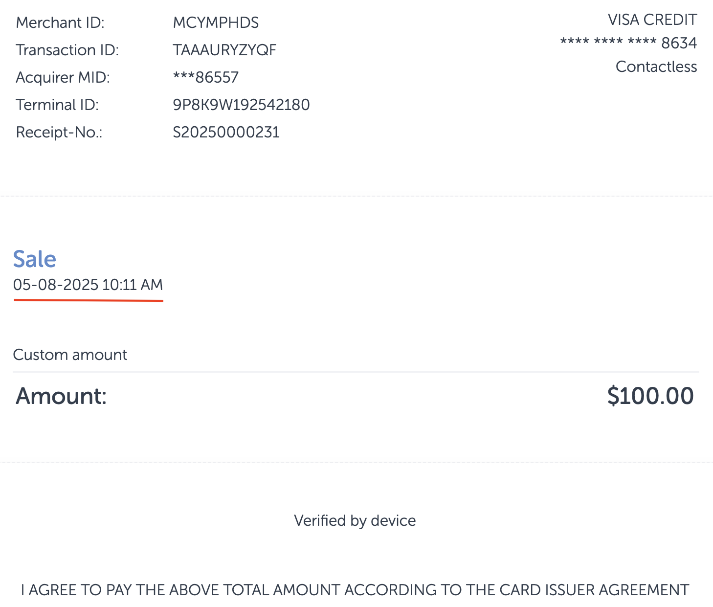 Receipt showing $100 approved transaction on an expired Visa card