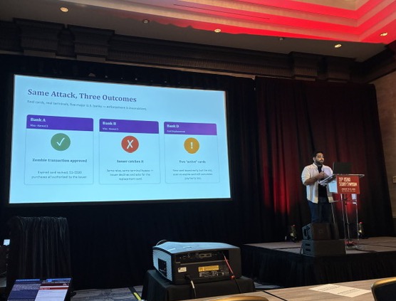 Hasnain presenting our Zombie Card Attack at USENIX Security 2026.