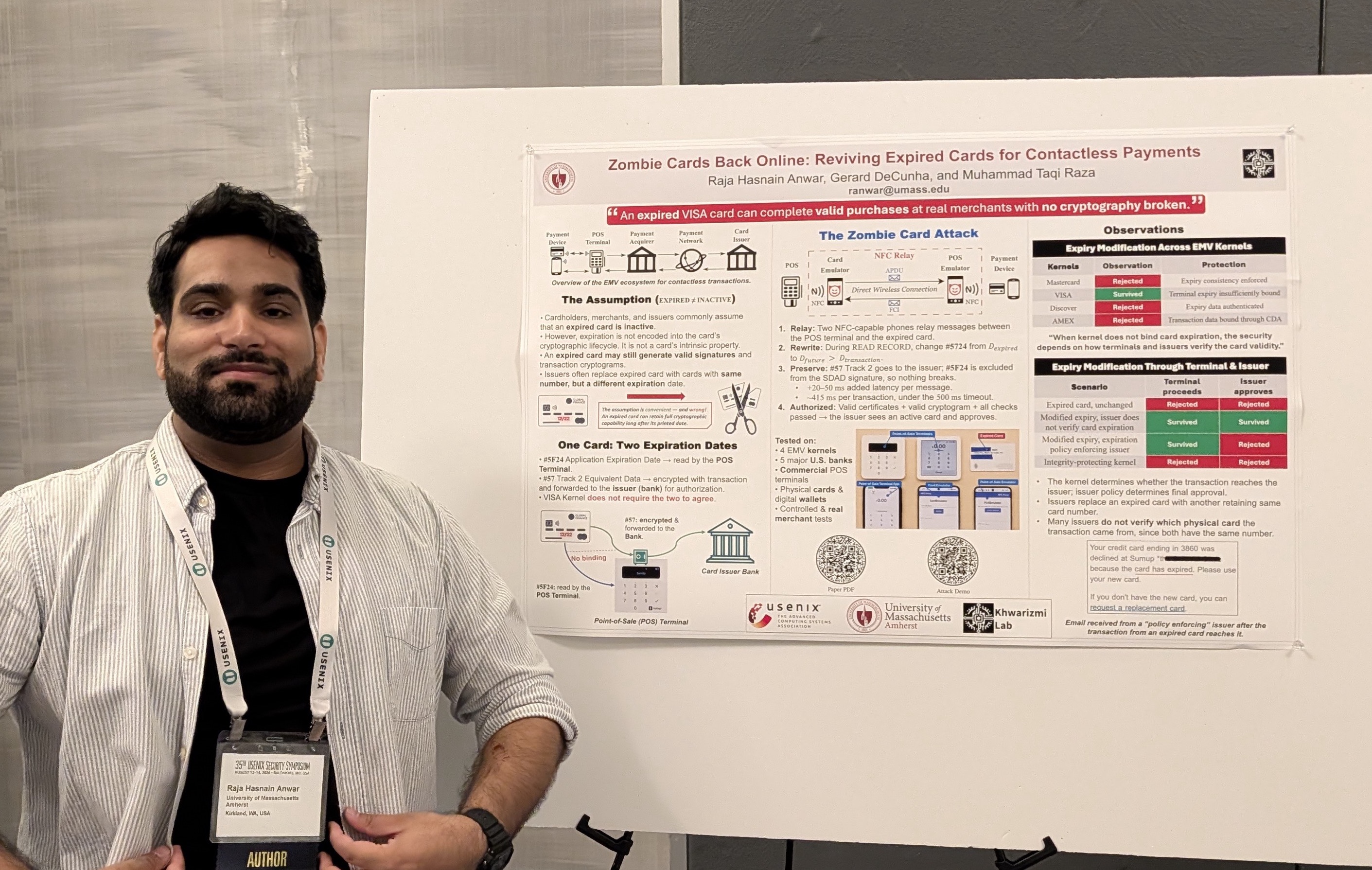 Hasnain presenting our Zombie Card Attack during the poster session at USENIX Security 2026.